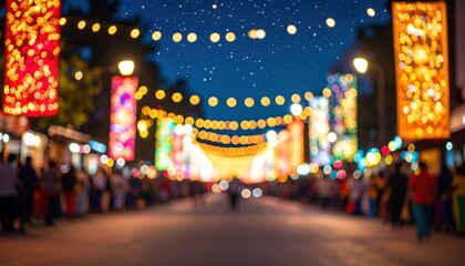 Blurry night street scene, decorated with glowing lights, crowds