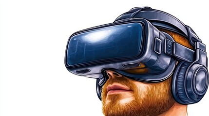 Pixel Art of Bearded Man Wearing a Black Virtual Reality Headset Isolated on White