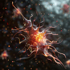 tick-borne encephalitis virus, floating in plasma, glowing particles, microscopic scientific image