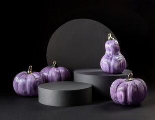 Halloween display concept. Dark gray empty podiums and lilac ceramic pumpkins on a black bakground. Generated image