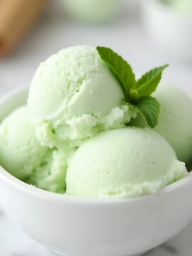 Close-up of a white bowl filled with three scoops of mint creamy ice cream, garnished with a mint.