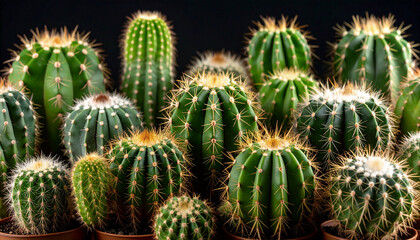 Various green cacti with sharp spines in small pots against black background, showing symmetrical shapes and natural textures in close up view