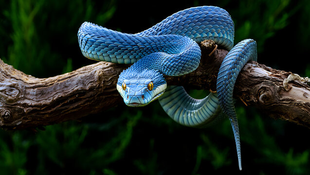 Stunning blue viper snake on a tree branch