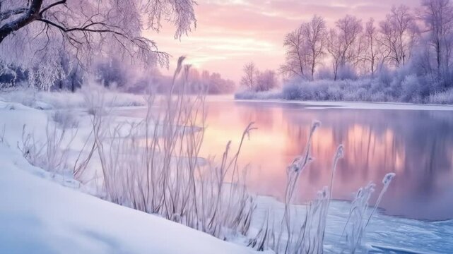 Serene Winter Landscape Reflecting Pink Sunset Skies Over Frozen River and Snow-Covered Trees