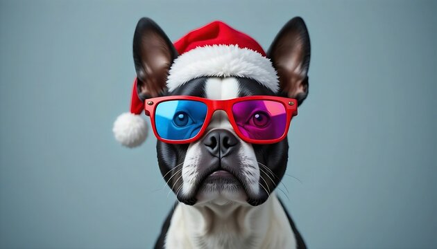 A whimsical close-up portrait of a Boston Terrier wearing a red Santa hat with white trim and oversized red-framed glasses, against a festive, slightly blurred background with soft pink and white elem