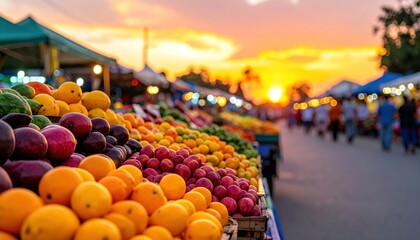 Fruit stand at dusk, glowing sunset backdrop, people browsing at outdoor market
