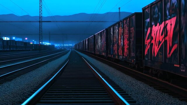 Freight train crosses trestle bridge high above forested gorge, steel beams catching sunset glow