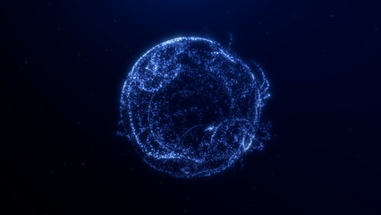 Futuristic glowing digital sphere made of blue particles on dark background. Abstract energy ball with tech motion look. Ideal for sci-fi, AI and data visuals. © Vooper