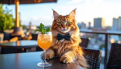 Cat in bowtie by cocktail on a rooftop terrace with city view