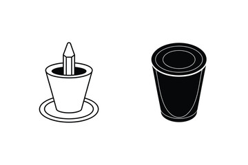 Isolated black and white vector illustrations of pencil holder and coffee cup on white background