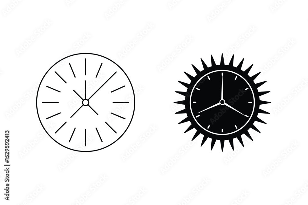 Poster two minimalist clock designs in black and white illustrating time and punctuality concepts