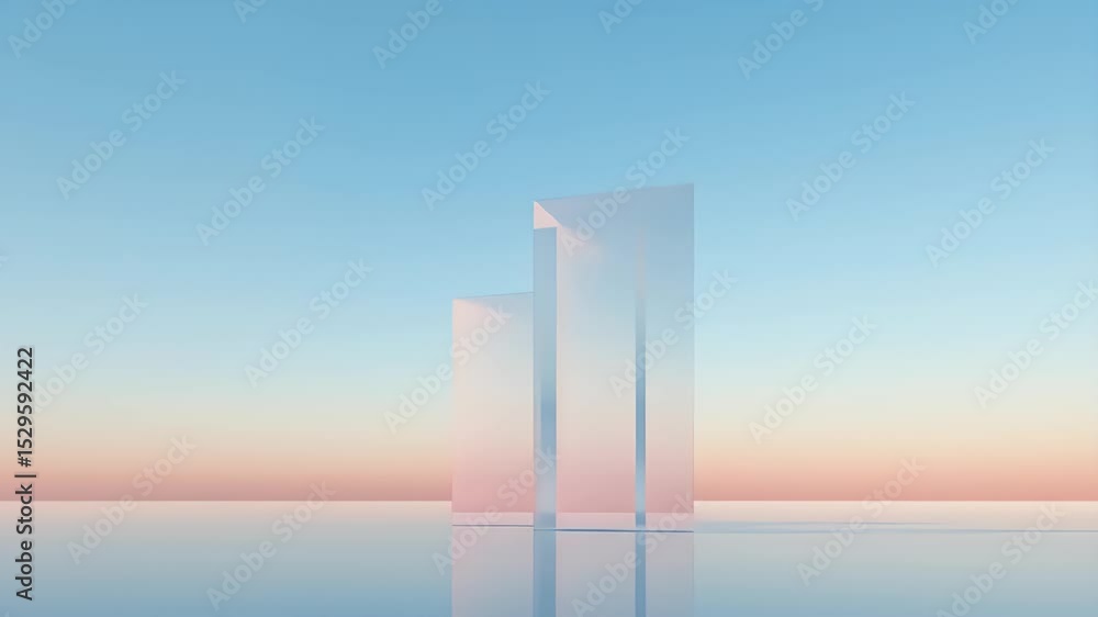 Poster geometric architectural structures with blue and pink sky reflection minimalist design on a clean su