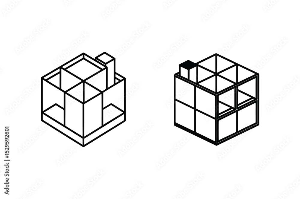 Aufkleber geometric isometric box structures in black and white representing architectural concepts