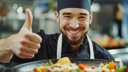 Professional Chef in Kitchen Shows Food and Gives Thumbs Up