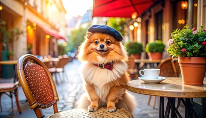 Dog wearing beret and bowtie sits at outdoor cafe with coffee, sunshine, Europe
