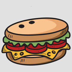 Sandwich with fresh lettuce, tomato, ham, and cheese. Vector cartoon illustration