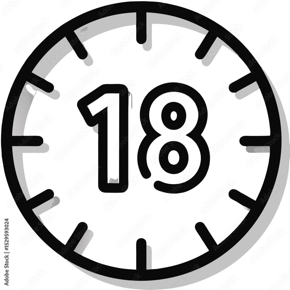 Poster simple clock face displaying the number eighteen with bold black outlines