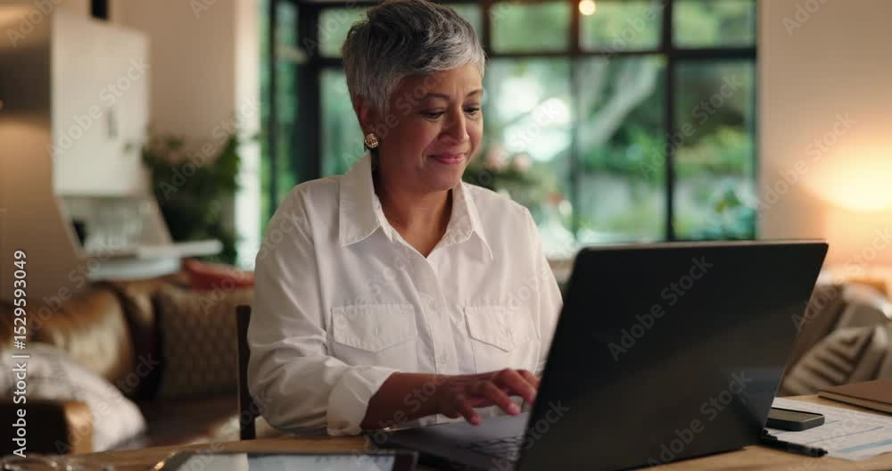 Poster remote work from home, internet and woman with laptop, typing and trading with connection. mature pe