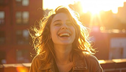 Woman laughs, golden sunlight illuminates her face, wavy hair. Rooftop setting