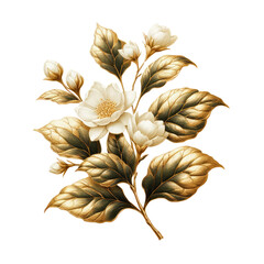 Elegant White Flowers with Golden Leaves Illustration
