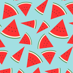 Seamless pattern of watermelon pattern. Wallpaper with illustrations of cut watermelons scattered on a blue background.