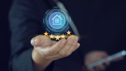 Real estate review concept with 5-star house rating icon, representing property quality, housing...