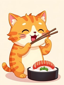 Adorable Cat Enjoying Delicious Sushi Meal