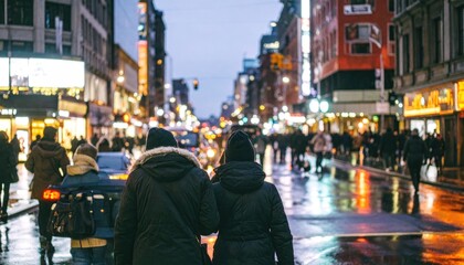Wet urban street, evening scene with pedestrians and bright store lights