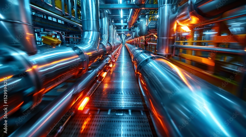 Aufkleber a dynamic view of intricate metal pipelines, emphasizing the industrial architecture and engineering