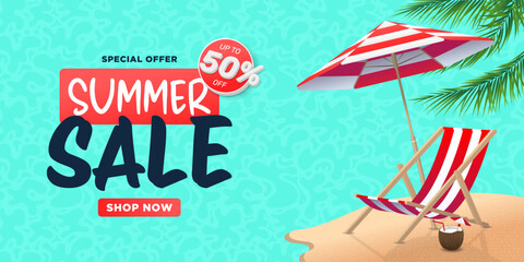 Summer Sale banner with beach chair and umbrella on sand with cocktail and palm leaves.