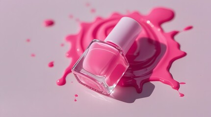 Vibrant Pink Nail Polish Bottle and Splash on Light Pink Background