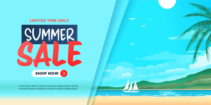 Summer Sale banner with beach landscape.