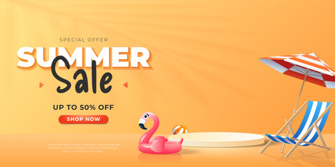 Summer Sale banner with empty 3d podium, beach chair, inflatable flamingo.