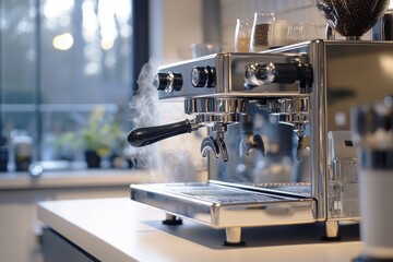 Modern Espresso Machine with Steam and Coffee Beans in Bright Kitchen
