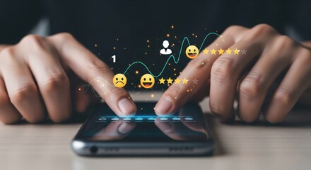 Hands Interacting with Smartphone Displaying Feedback and Ratings