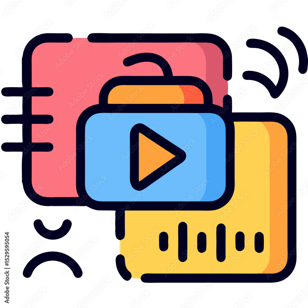 Poster stacked multimedia icons video player audio waves and data transfer