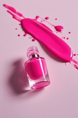 Bright Pink Nail Polish Bottle with Spilled Polish on Light Pink Background
