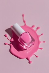 Bright Pink Nail Polish Bottle with Spilled Polish on Light Pink Background