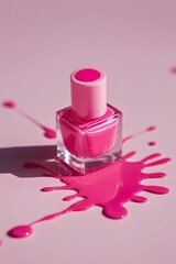 Bright Pink Nail Polish Bottle with Spilled Polish on Light Pink Background
