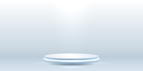 3d empty background with a cylindrical podium and neon edging.