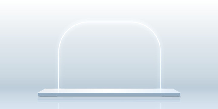 3d empty background with a rectangular podium and a neon arch behind it.