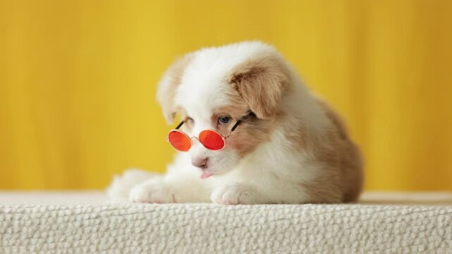Cute and funny, little puppy put on his glasses.