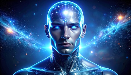 Futuristic humanoid with glowing eyes amidst a network of lights and cosmic energy