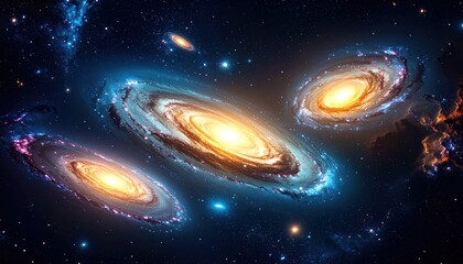 Swirling galaxies illuminate deep space with celestial light and cosmic dust