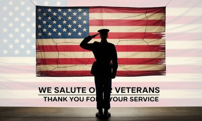 Saluting soldier before distressed american flag veterans day military tribute