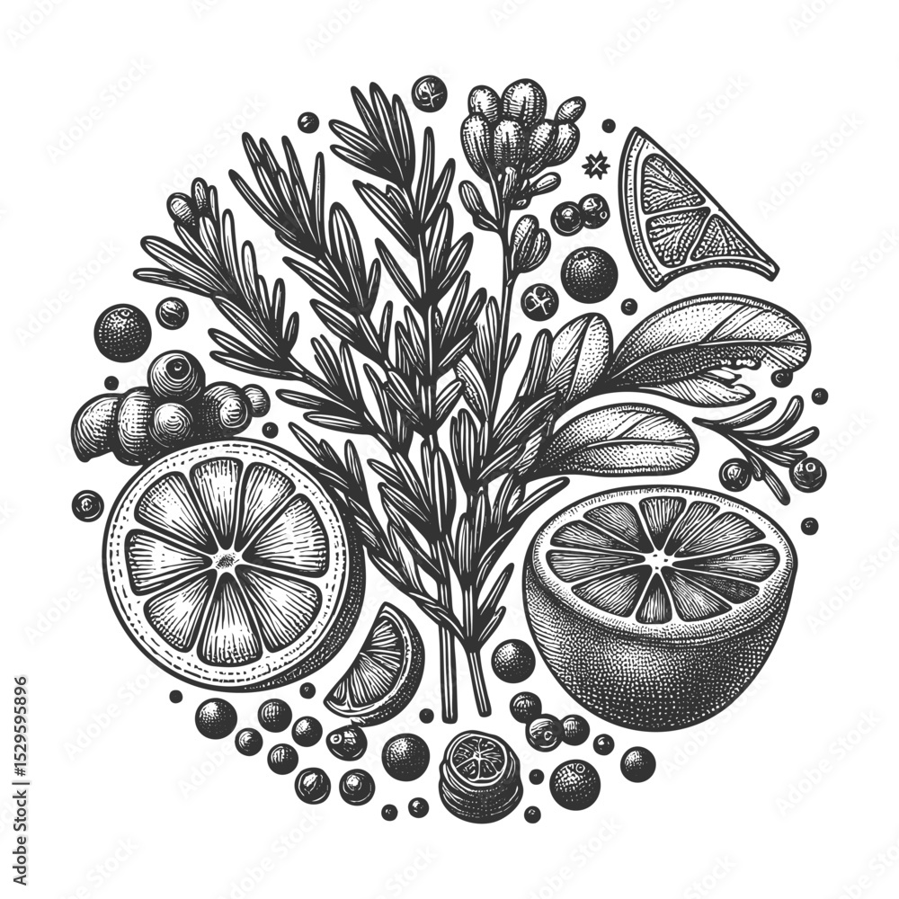 Poster citrus and herbs sketch engraving generative ai vector illustration. scratch board imitation. black 