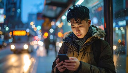 Man checking phone at bus stop in urban night scene, blurred lights abound