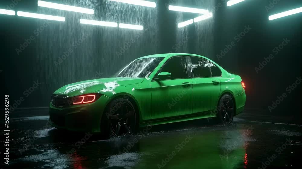 Poster sleek car in dynamic rotation with vibrant color accentuations 3d