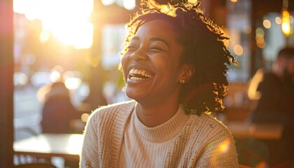 Smiling woman, sunny day, warm light, textured sweater, blurred cafe background