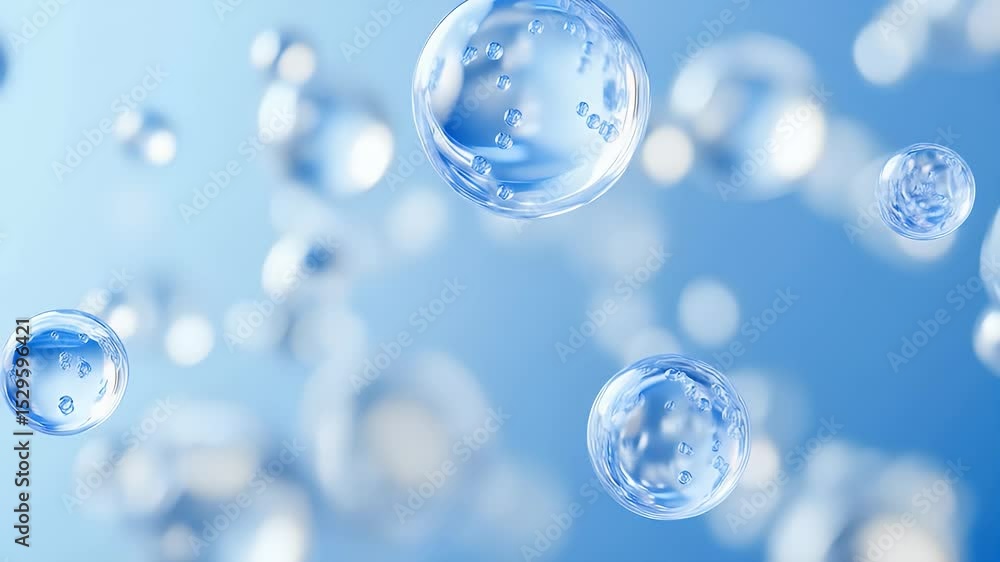 Poster translucent water spheres floating in a soft blue background clean abstract design with bubbles puri